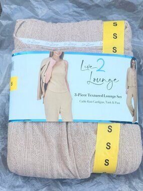 Live 2 Lounge Tan Women's 3-Piece Cable Knit Textured Lounge Set S Cardigan Tank